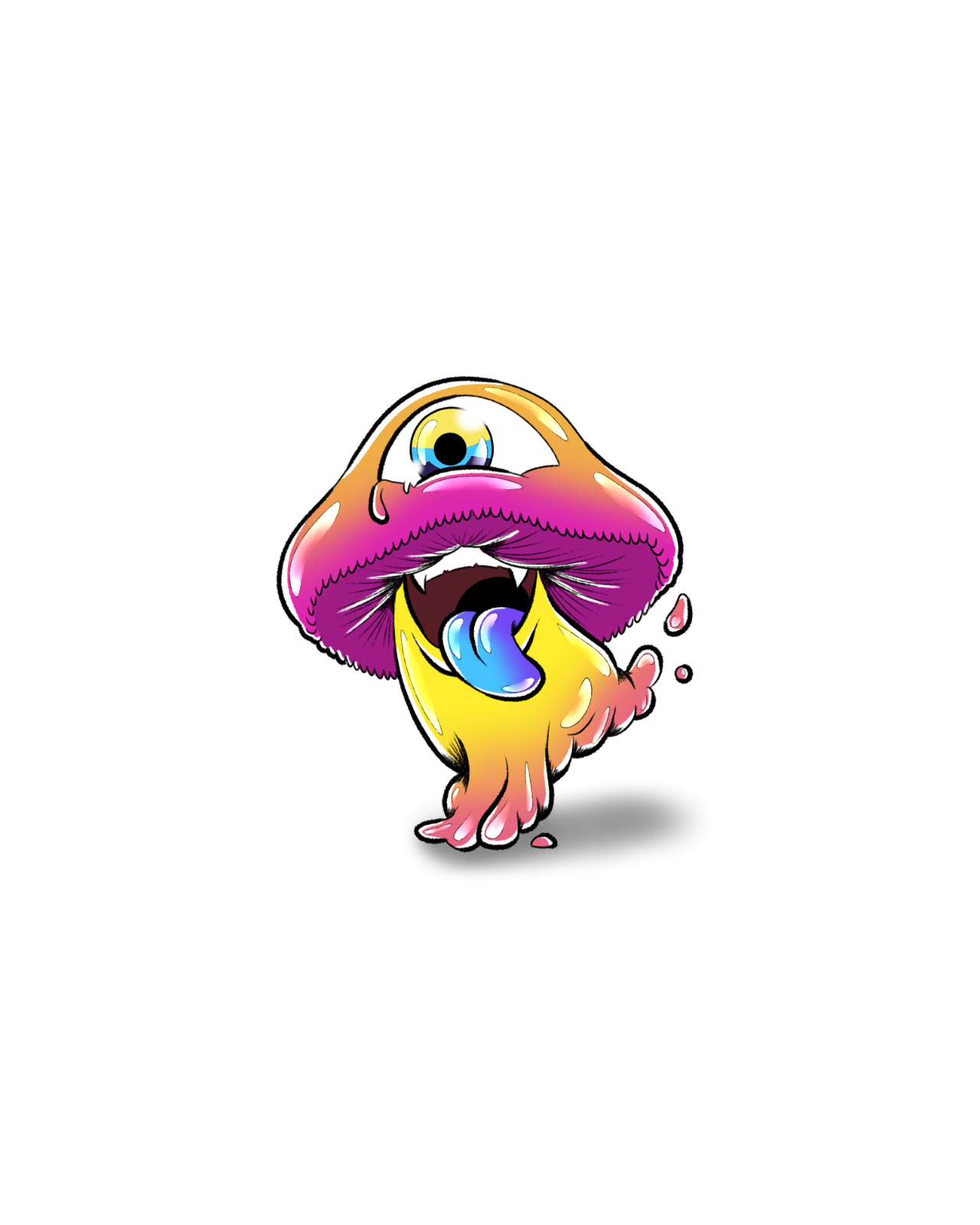 Mushy Character Mushy, a colorful mushroom mascot with one large eye and a long tongue